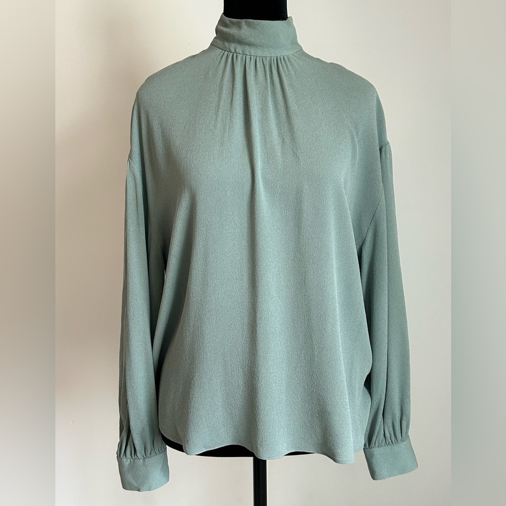Vince Sage Green High-Neck Long Sleeve Silk Blouse